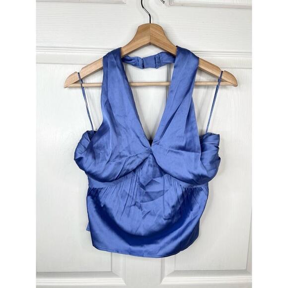 French Connection Blue Satin Halter Top Womens Size XS Smocked back - Picture 1 of 11